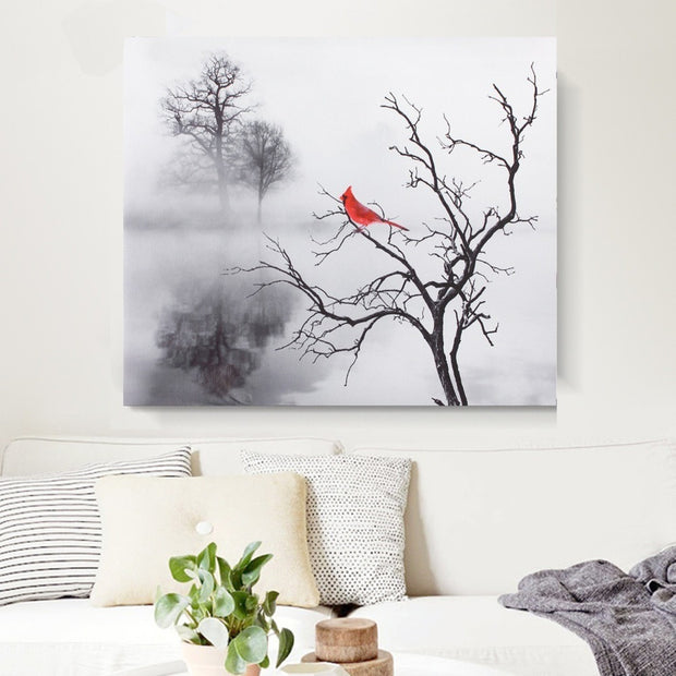 Water Tree Landscape Canvas Red Bird Fog Wonderland Poster Home Decoration