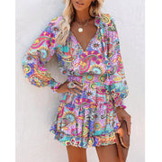 Flowers Print Long Sleeve Dress Fashion Patchwork Puff Sleeve Waist Dresses Womens Clothing