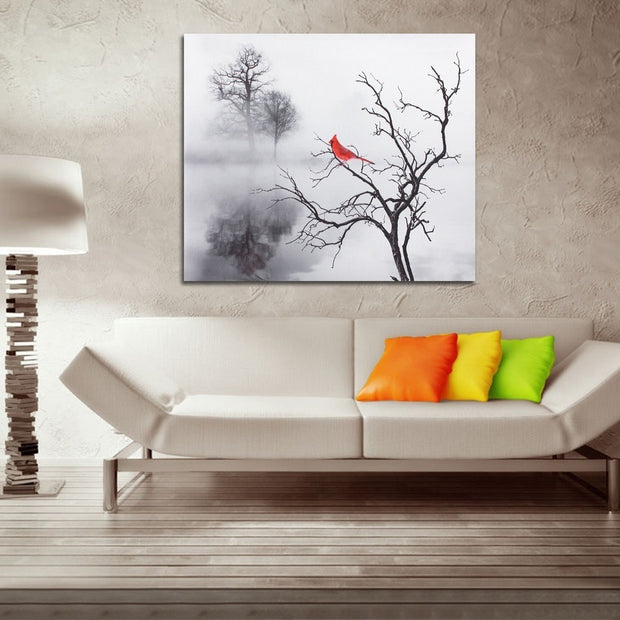 Water Tree Landscape Canvas Red Bird Fog Wonderland Poster Home Decoration